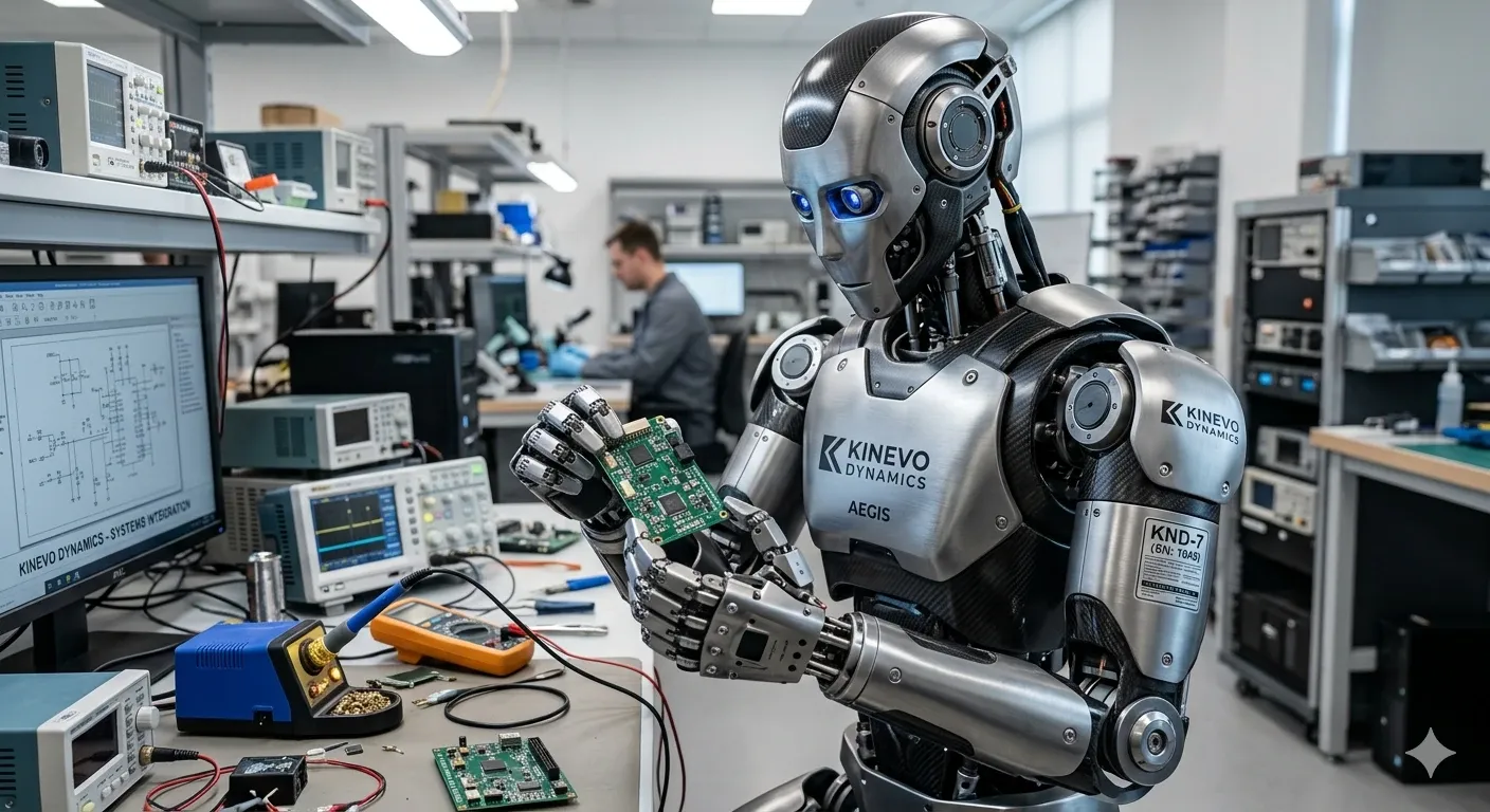Elektronik laboratuvarında devre kartı üzerinde çalışan insansı robot